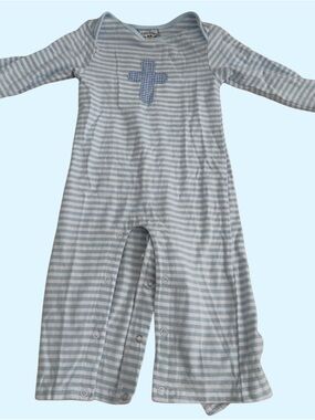 Baby Blue Striped One-Piece Romper with Cross Applique - Three Sisters
